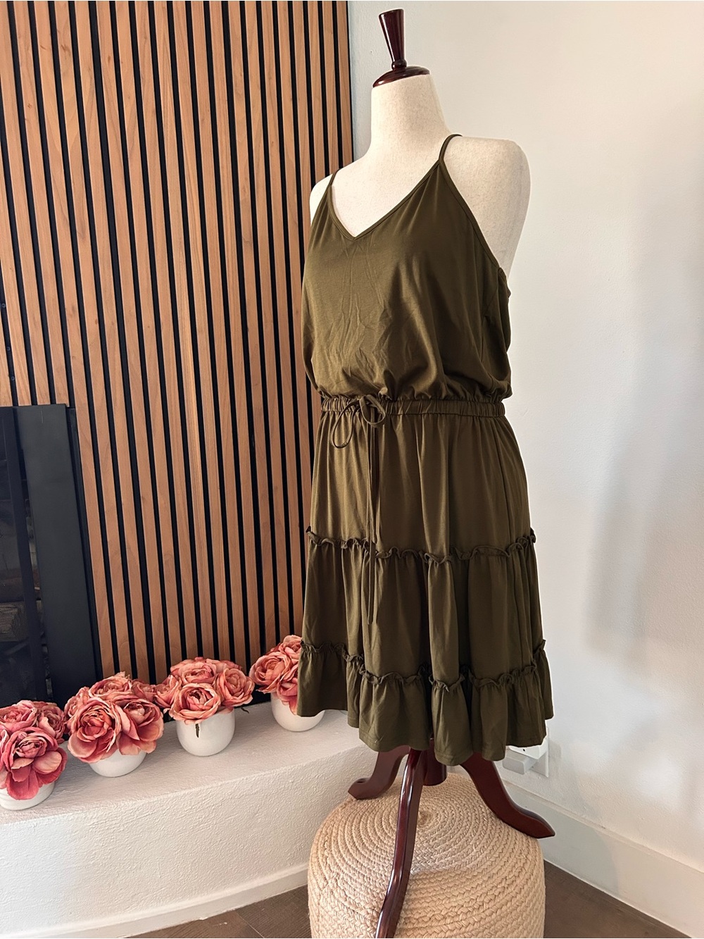 Olive Green Tiered Spaghetti-Strap Dress
